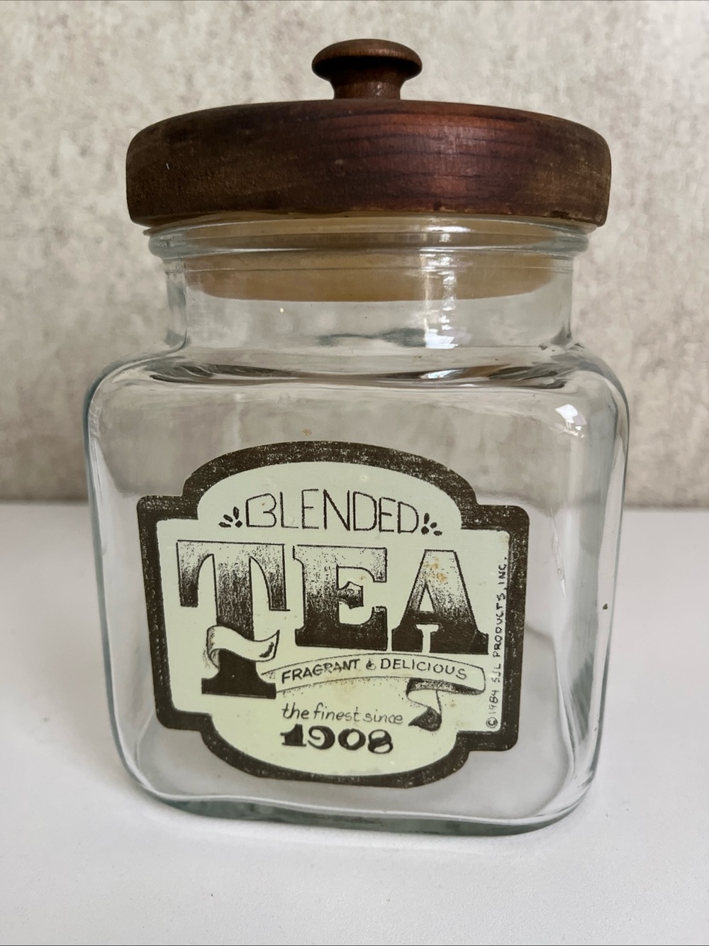 Vintage Anchor Hocking Glass Blended Tea Canister Square Wooden Lid Retro Farm